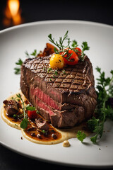Perfectly grilled steak, elegantly plated with sauce and herbs. Gourmet dining for food blogs and menus