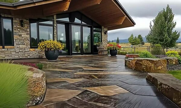 Elegant stamped concrete patio mimicking flagstone, guiding the way to the house entrance.