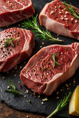 Raw beef steaks arranged on a wooden board with spices and herbs, ready for cooking. The meat is fresh and high-quality, perfect for grilling or pan-frying