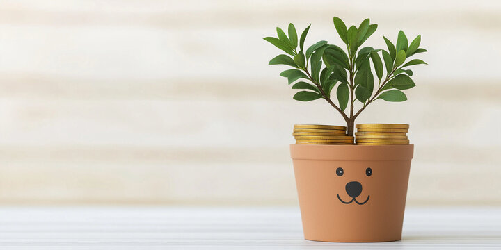 cute plant growing in pot with smiling face, surrounded by coins, symbolizes growth and investment. This conveys positive and cheerful vibe about financial growth