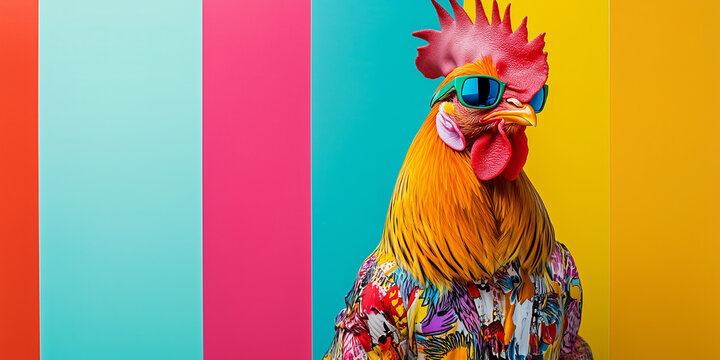Funny trendy chicken wearing fancy clothes on vivid striped background. Celebrating Easter. Funny Easter banner.