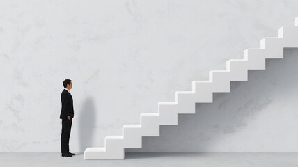 man in business suit stands before abstract stairs, symbolizing ambition and progress. minimalist design evokes sense of determination and potential