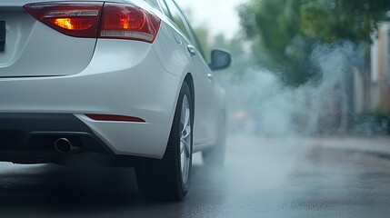 Urban vehicle emissions close-up photography in a foggy environment for pollution awareness