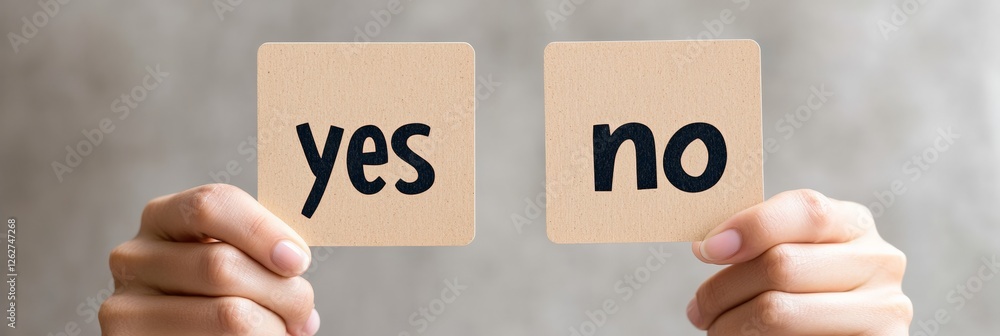 Poster Hands holding two cardboard squares with the words yes and no written on them, representing a difficult decision making process, choice, and the concept of fobo - fear of better options -