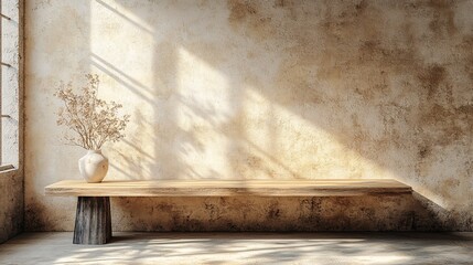 Wooden table mockup on a stucco background, with a window shadow on the wall, featuring beige earthy tones for a warm, inviting atmosphere.