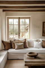 Stylish modern living room interior in minimalistic style. Cozy living room arrangement, soft blankets, earthly colored pillows and house plants.