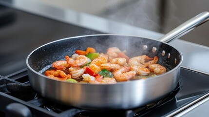 Delicious Shrimp Sizzle: Cooking Stock Photo