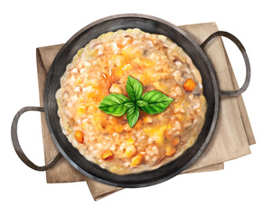 Italian risotto with fresh basil in a pan. Illustration watercolor