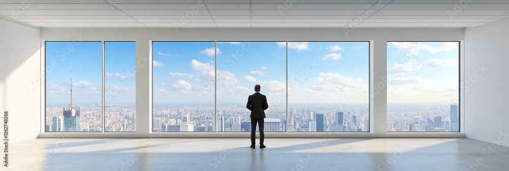 Poster businessman standing in modern empty office with panoramic windows is choosing future way, observing