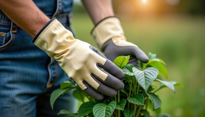 Hands in Gardening Gloves Tending Plant with Care Against Garden Background