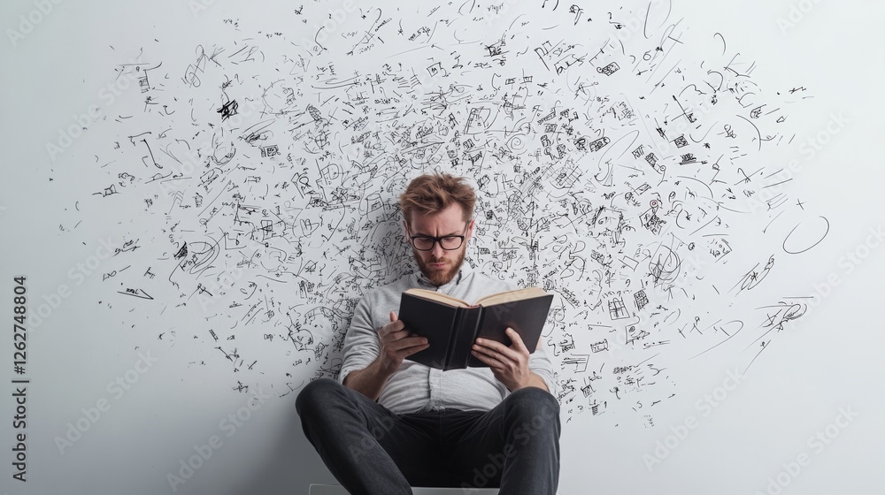 Poster young student overwhelmed by information overload while reading a textbook, with chaotic equations a