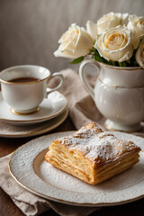 Delicate puff pastry dessert topped with whipped cream and powdered sugar. Elegant treat for food blogs and bakery projects