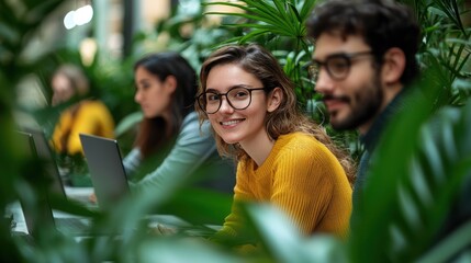 Smiling woman coding, colleagues, plants, office, teamwork