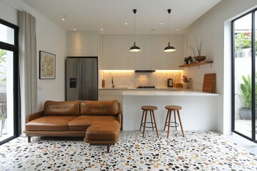 Modern kitchen and living area featuring a cozy sofa and stylish design elements