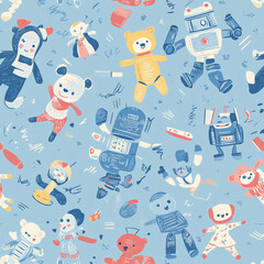 A whimsical toy box pattern where teddy bears, robots, and dolls come to life, dancing and playing together
