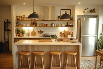 Modern kitchen with wooden stools, stylish decor, and ample natural light in a cozy home setting