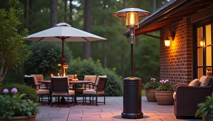 Black Patio Heater Emitting Heat on Stone Patio at Night