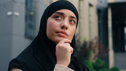 Muslim woman in hijab Islamic Arabian businesswoman Islam ethnic business female girl looking for...