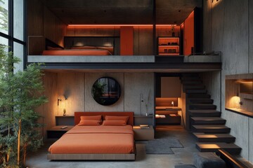 Fototapeta premium Modern loft bedroom with minimalist design and natural lighting in a stylish urban setting