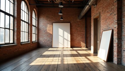 Sunlit Loft Interior with Exposed Brick Walls and Large Windows