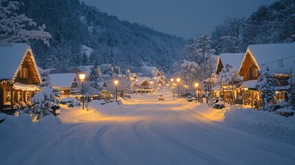Winter wonderland village with snowfall and lights