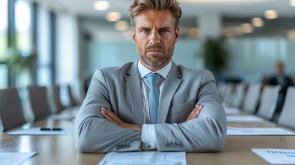 Fototapeta premium Confident businessman in elegant suit sitting at conference table with arms crossed, expressing authority and determination in modern corporate office with bright lighting and professional setting...