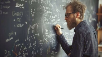 Scientist writing mathematical equations on a chalkboard in a research environment representing intelligence, education, problem-solving, and complex analytical thinking..