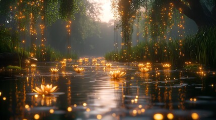 Magical River Lights in Forest at Dusk