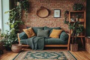 Cozy living room with brick wall, green plants, and soft textures creating a warm atmosphere