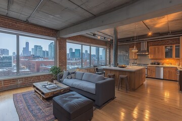 Fototapeta premium Stylish urban apartment interior showcasing city skyline views during overcast weather