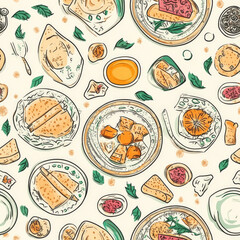 A traditional Iftar meal pattern with plates of food, bread, and refreshing drinks