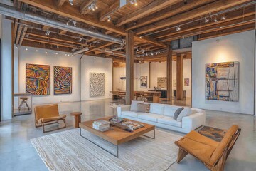 Modern art gallery showcasing vibrant artworks in an open space with minimalist furniture and polished floors