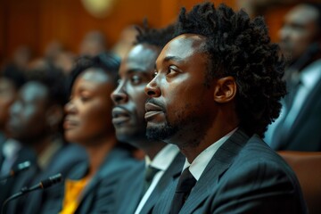 Focused young African American juror with determined expression during court proceedings, deliberation, responsibility, and the weight of legal duties in a modern courtroom.
