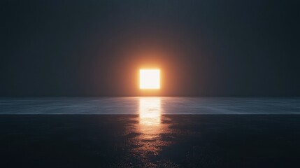 Glowing square light reflecting on dark water.