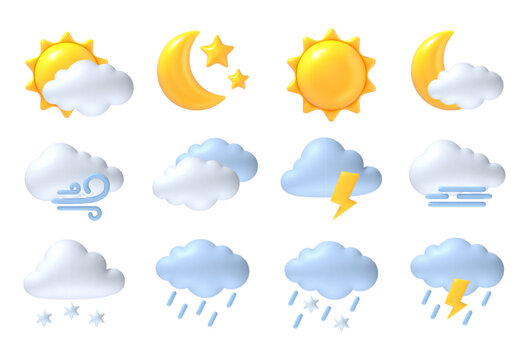 3d weather icons. Sun, moon and cloud, rain and wind, thunderstorm and fog, snow meteorological symbols for app. Sunny, rainy and windy, thunderstorm and snowy, foggy weather. Vector set.