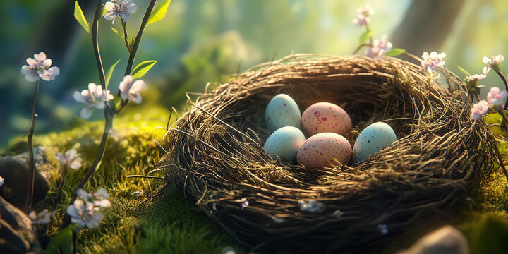 A charming nest with eggs against a backdrop of spring nature. Soft shades of pink and blue, flowers, and greenery create an atmosphere of renewal, warmth, and joy