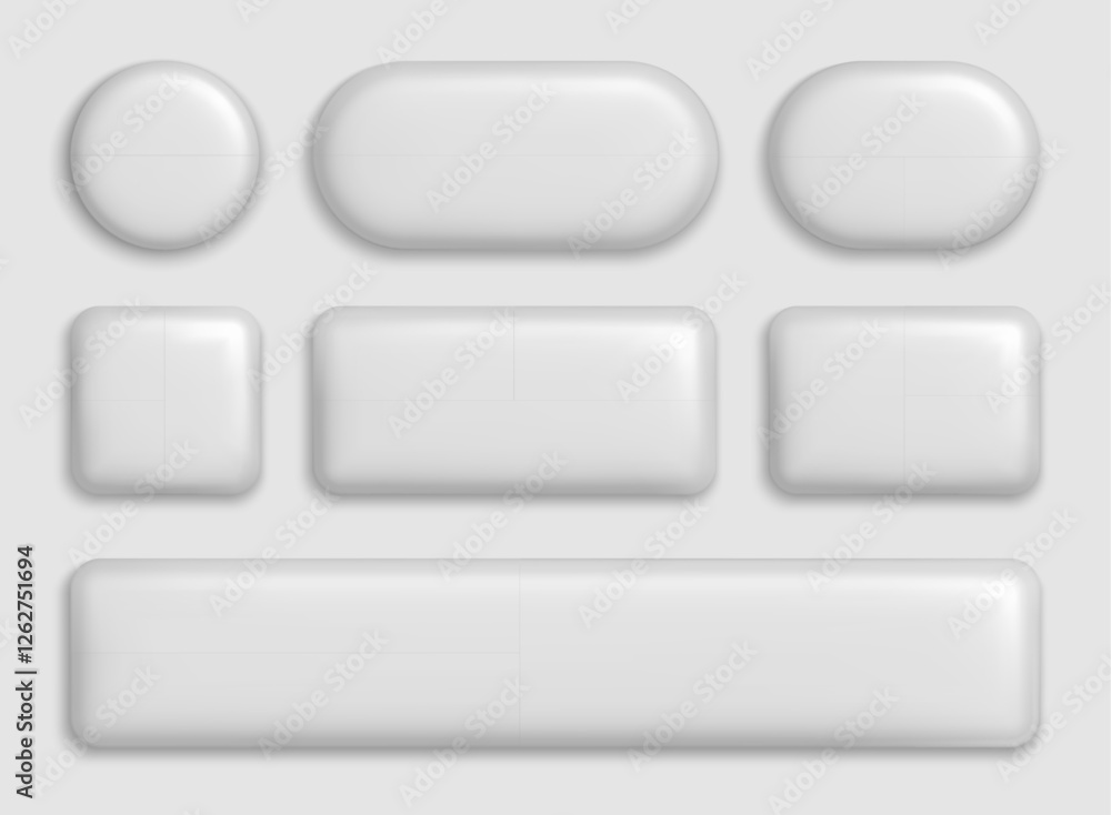 Poster 3d white buttons. plastic rectangle and circle interface elements with realistic shadow. blank gloss