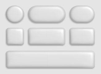 3d white buttons. Plastic rectangle and circle interface elements with realistic shadow. Blank glossy round, square and rectangular, rounded badges. Web shiny UI button vector set.