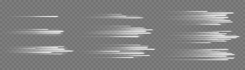Glowing speed lines. High speed white line motion effect, light rays fast movement with blur. Shiny dynamic sparkles tail trace. Horizontal light streaks vector isolated set. © Frogella.stock