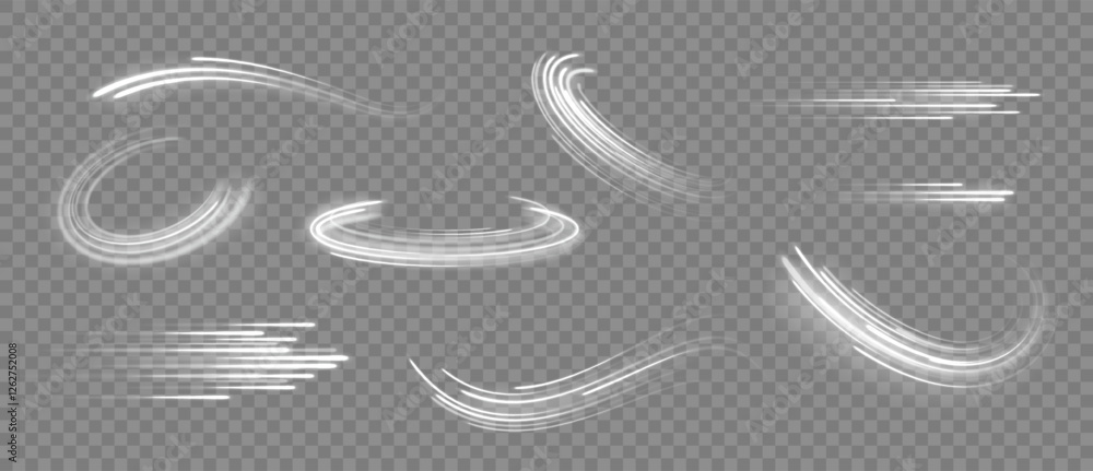 Poster glowing lines. speed effect curved and straight lines and tornado wind swirl, white light trails. ab
