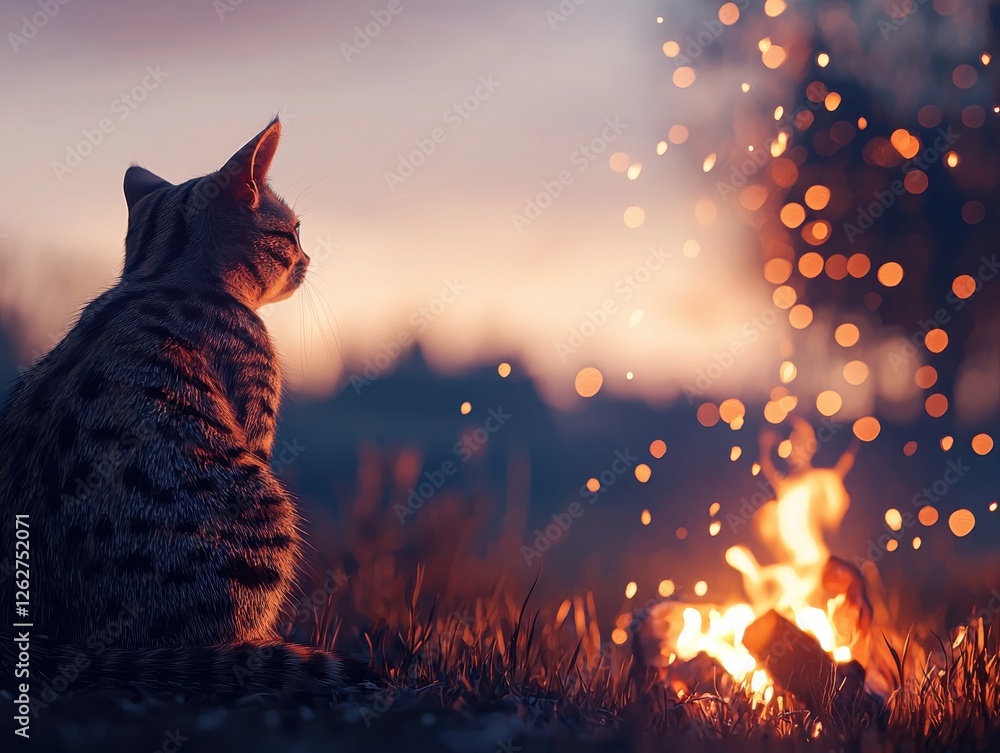 Poster a serene scene featuring a cat gazing at a warm fire, with a beautiful sunset backdrop and soft boke