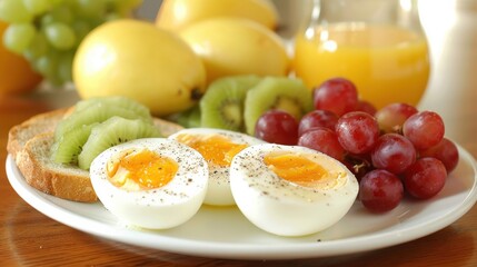 Plate featuring boiled eggs, kiwi slices, red grapes, and whole wheat bread, arranged with bright fruits in the background, presenting a vibrant and healthy breakfast concept...