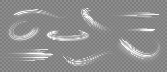 Glowing lines. Speed effect curved and straight lines and tornado wind swirl, white light trails. Abstract magic sparkles, dynamic motion traces with glow. Vector isolated set. © Frogella.stock