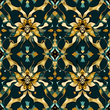 A seamless Persian-inspired pattern with floral arabesques and golden accents