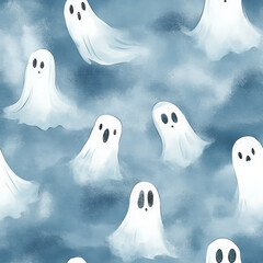 A watercolor ghost pattern with soft misty textures and playful ghost expressions