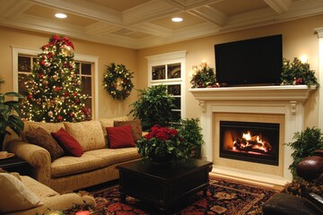 Cozy holiday living room with Christmas decorations and a warm fireplace in the evening