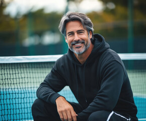a 40 year old man sitting on a pickleball court in a black hoodie, slight smile on his face 