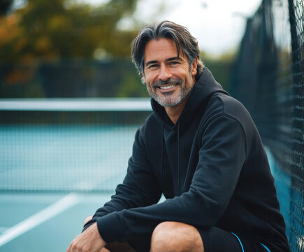a 40 year old man sitting on a pickleball court in a black hoodie, slight smile on his face