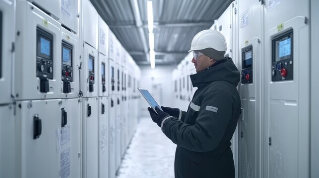 Technician using tablet in power control room