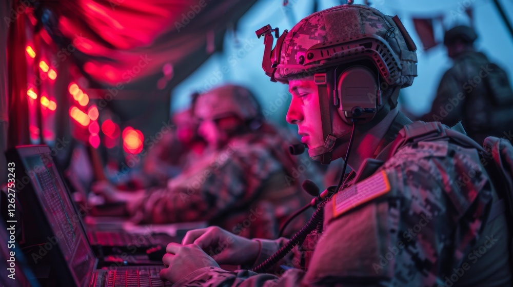 Aufkleber soldiers focus on their tasks at a command center, utilizing laptops and communication equipment in 